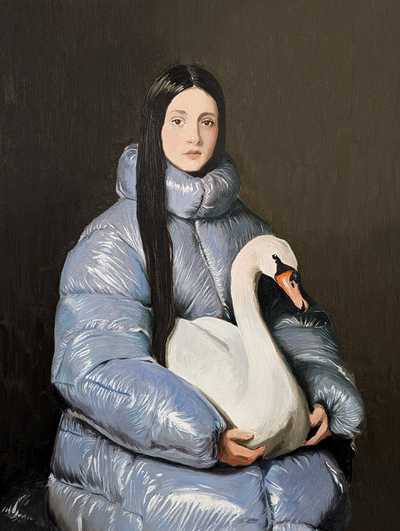 Painting of a woman in a puffer jacket