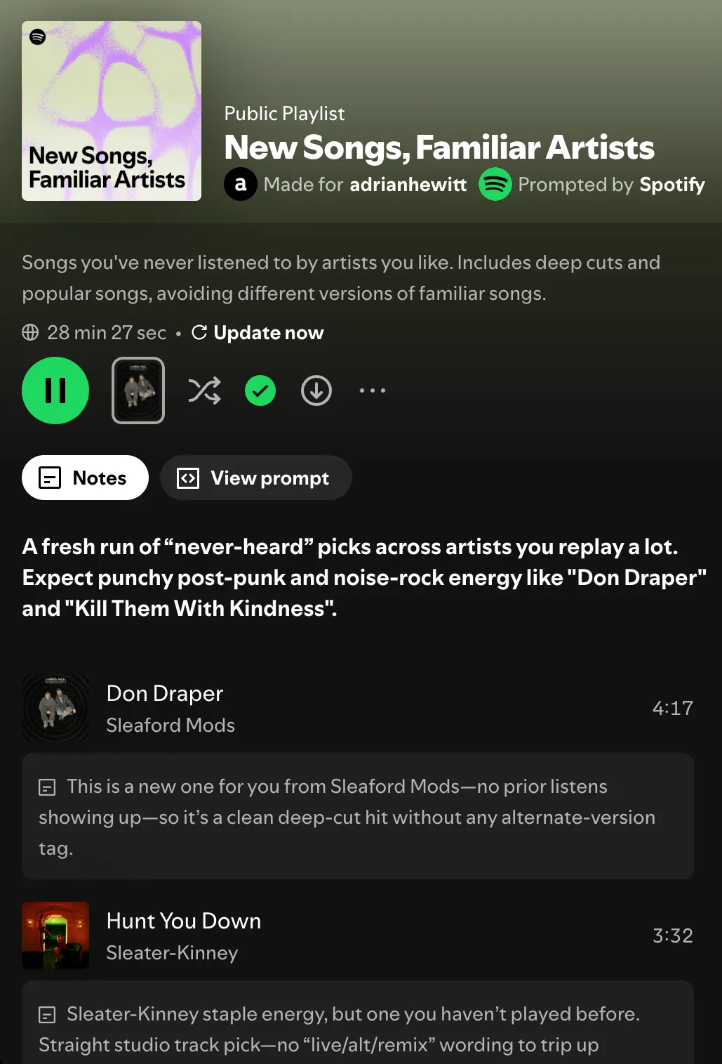 Screenshot of the Spotify AI Playlist